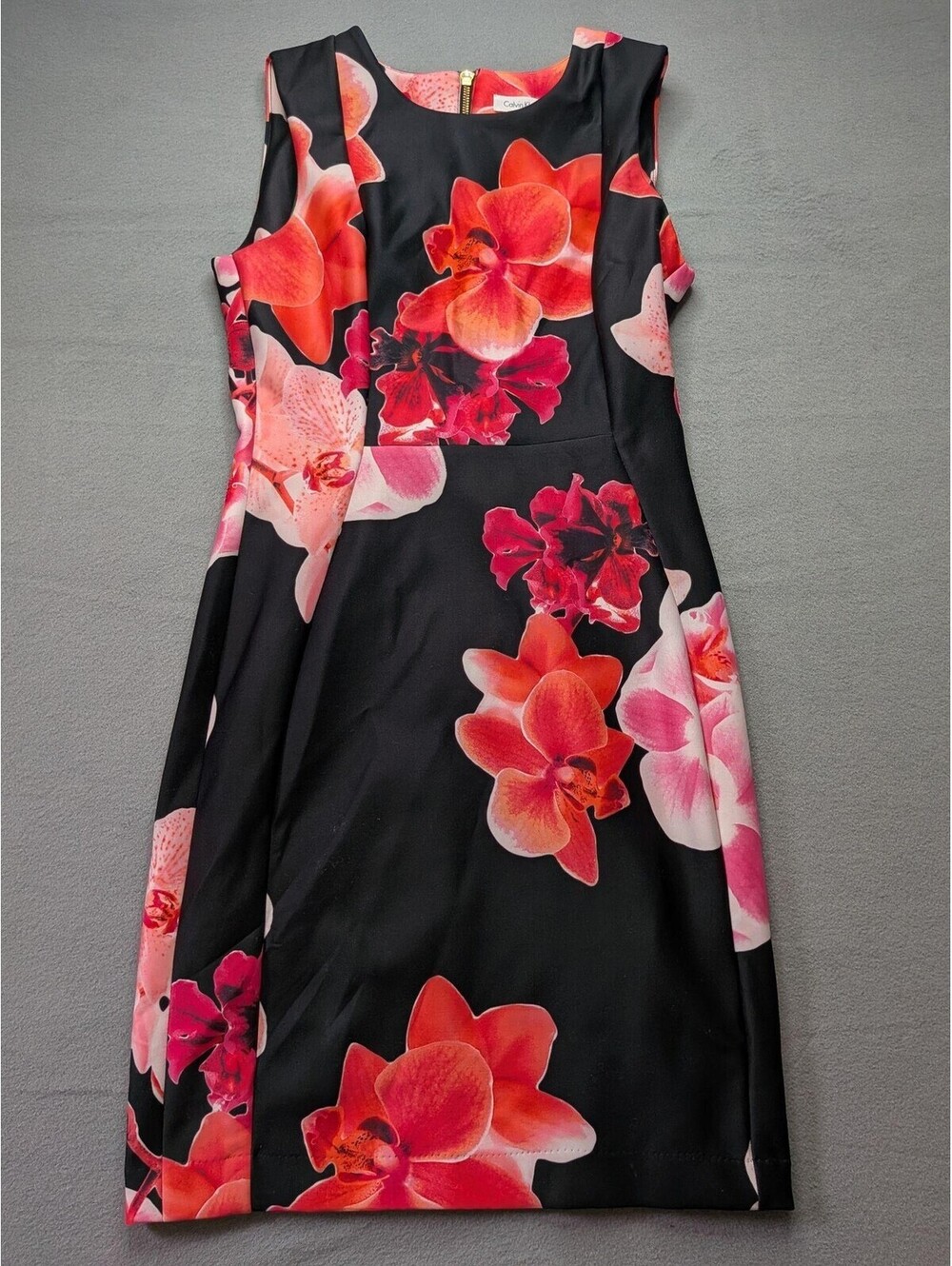 Calvin Klein Dress Womens 12 Black Floral Sleeveless Sheath Knee Length Workwear